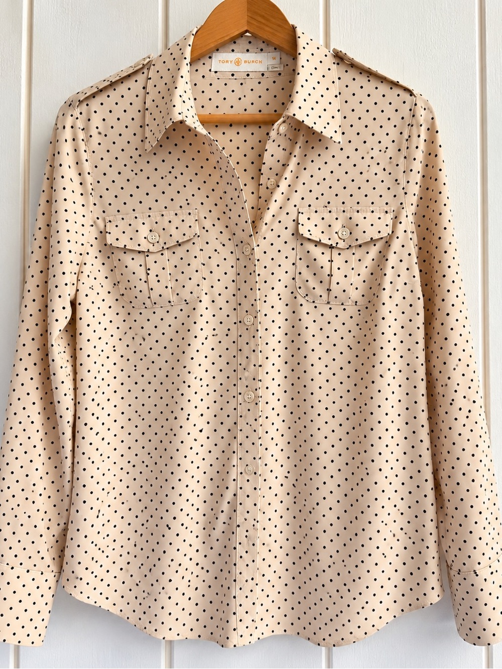 Tory Burch 96% Silk Polka Dot Button Down Blouse Size 14